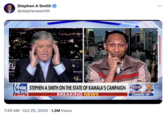Tweet posted by "Stephen A. Smith":https://knowyourmeme.com/memes/people/stephen-a-smith showing "Sean Hannity":https://knowyourmeme.com/memes/people/sean-hannity clutching his head and looking distressed while "Smith":https://knowyourmeme.com/memes/people/stephen-a-smith smiles smugly with his hand on his chin. The image also contains a banner across the bottom that reads, "Stephen A Smith on the state of "Kamala's":https://knowyourmeme.com/memes/people/kamala-harris campaign." The image made the rounds in late October after people found the difference between Hannity and Smith's expressions amusing, comparing it to the "Nice Argument, Unfortunately...":https://knowyourmeme.com/memes/nice-argument-unfortunately meme.