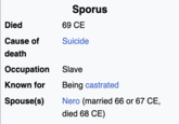 Sporus Died Cause of death Occupation Known for Spouse(s) 69 CE Suicide Slave Being castrated Nero (married 66 or 67 CE, died 68 CE)