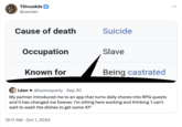 Tõivusäde @usutav Cause of death Occupation Known for Suicide Slave Being castrated Léan✶ @kyotosparty. Sep 30 My partner introduced me to an app that turns daily chores into RPG quests and it has changed me forever. I'm sitting here working and thinking 'I can't wait to wash the dishes to get some XP' 12:11 AM Oct 1, 2024
