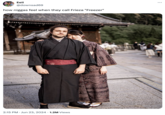 Tweet that uses an image of a "white man and an Asian woman":https://knowyourmeme.com/memes/wmaf-amwf dressed in kimonos posing in front of a "Japanese":https://knowyourmeme.com/memes/cultures/japan-nihon-%E6%97%A5%E6%9C%AC shrine as an "image macro":https://knowyourmeme.com/memes/image-macros. The image is often used to joke about "Japanophiles":https://knowyourmeme.com/memes/thing-japan or weebs, mocking their decision to use Japanese terms for certain anime and manga, and otherwise display their knowledge of Japanese culture. 