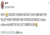 A variation on the pencil skirt copypasta about wearing a satchel to camp. The copypasta was posted to X by @creekriverdeer.