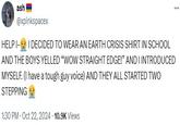 A variation on the pencil skirt copypasta about wearing an earth crisis shirt to school. Originally posted by X user @xpinkspacex.