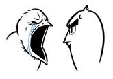 A drawing of a bird crying and screaming at an Angry Bird, who is unmoved. The image was drawn by X user @ATOMIKSAICO.