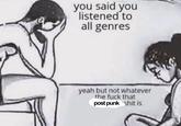 Meme about people who say they listen to "all genres" but post punk is actually too niche for them