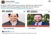 James Singer @Jemsinger Follow Project 2025 advisory group "American Moment" leadership group page. Girdusky & JD Vance. americanmoment.org/board-of-advis... AMERICAN MOMENT Ryan Girdusky Acyn @Acyn AMERICAN MOMENT J.D. Vance Girdusky to Hasan: I hope your beeper doesn't go off X