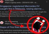 G Gutzy Asia https://gutzy.asia > 2024/01/09 > si... Singapore-registered Mercedes EV caught fire in Malaysia, raising alarms ... 9 Jan 2024 - Singapore-registered Mercedes EV caught fire in Malaysia, aising alarms about escalating EV fires. Singapore-registered Mercedes EV ignites IC VIC Engineering https://www.vic.com.my fire-r Steps of Fire Risk Assesser This meticulous examination encomp.s every nook and cranny for anything that co ysia sing .e. In