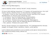 Hammad Khatri · 3rd+ SEO Expert | HR Professional | Helping ... 1w Dear Hiring Managers, Let's clarify what "entry-level" truly means. + Follow If your job listing requires 1-3 years of experience, it's not entry-level. Here's how it should be categorized: - O years: This is the real entry-level, perfect for fresh graduates or those just starting out. - 1-3 years: You're looking for Associates. - 3-5 years: This is where Managers fit in. - 5-7 years: These are your Senior Managers. - 8-10 years: Now we're talking about Directors. - 10+ years: These are your VPs. Entry-level means no experience. It's designed for those eager to begin their careers, learn, and grow. Let's label job positions accurately and give newcomers the opportunities they deserve. ♡ 19,314 484 Comments 2,213 Reposts •