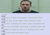 >Phd Phd >What's it like to be peer reviewed? Phd Phd >Have you ever been first author? Phd Phd >Is your funding for next year covered? PI PI > Do you consider yourself a researcher? PI PI >What's it like to live in a shared flat? Lab Lab > Do you cite yourself? Lab Lab