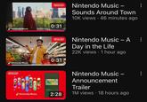 Nintendo Music. Nintendo 0:31 Nintendo Music - Sounds Around Town 10K views • 46 minutes ago Nintendo 0:31 Nintendo Music. Nintendo Nintendo Music. Opening The Nintendo Music - A : Day in the Life 22K views 1 hour ago 2:28 Nintendo Music - Announcement Trailer 1M views • 18 hours ago