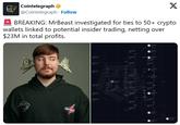 Screenshot of a tweet about "MrBeast's":https://knowyourmeme.com/memes/people/mrbeast crypto wallets alleged scam. 