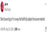 A tweet posted by @JavTropic. The post reads, "She's bouncing on it in a way that faithfully adapts the source material."
