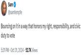 A tweet posted by @samtemp1e. The post reads, "Bouncing on it in a way that honors my right, responsibility, and civic duty to vote."