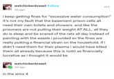 wetchickenbreast Follow 3d ago i keep getting fines for "excessive water consumption" it's not my fault that the basement prison cells all need their own toilets and showers. and like the prisoners are not pulling their weight AT ALL. all they do is sleep and be scared of the rats all day instead of painting with the easels i provided so the fines are really putting a financial strain on the household. if i didn't need them for their plasma i would have killed them all already because this is nottt as financially lucrative as i thought it would be wetchickenbreast 3d ago in the sims 4