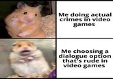 Me doing actual crimes in video games a Me choosing dialogue option that's rude in video games