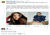 A "Twitter / X":https://knowyourmeme.com/memes/sites/twitter-x interaction about "Olivia Rodrigo's":https://knowyourmeme.com/memes/people/olivia-rodrigo Space Question which is a question that the singer-songwriter asks on a first date to determine if a man is worth pursuing. Rodrigo asks men if they want to go to space. If they say yes, then it's a red flag for Rodrigo who says it shows how the man is too full of himself. The reply jokes about "Elon Musk":https://knowyourmeme.com/memes/people/elon-musk "catching strays":https://knowyourmeme.com/memes/catching-strays-slang.