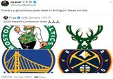 A tweet reading, "There's a ginormous polar bear in Arlington Texas on this." The caption is using the example of a polar bear somewhere it doesn't belong to criticize another Twitter user's opinions on which NBA teams will end up in thee 2024 playoffs conference finals.