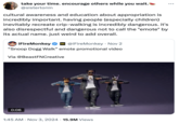 A "QRT":https://knowyourmeme.com/memes/quote-retweets-qrts reacting negatively to the "Snoop Dogg":https://knowyourmeme.com/memes/people/snoop-dogg "_Fortnite_":https://knowyourmeme.com/memes/subcultures/fortnite emote called "Snoop's Walk" which was just a "Crip Walk":https://knowyourmeme.com/memes/crip-walk. Many thought that the infamous dance was not suitable for the young audience of _Fortnite_.