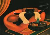 The 1980 art piece "Cat In Sofa" by Martin Leman. It depicts a black at smoking and drinking while lounging on a sofa.