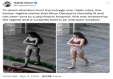 Habib Khan @HabibKhanT ... To divert attention from the outrage over Hijab rules, the Iranian regime claims that Ahoo Daryaei is mentally ill and has been sent to a psychiatric hospital. She was arrested by the regime and is currently held in an unknown location. 10:55 AM Nov 3, 2024 217.7K Views