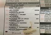 with their name. PRESIDENT AND VICE PRESIDENT Vote for One Party CHASE OLIVER for President MIKE TER MAAT for Vice President JILL STEIN for President RUDOLPH WARE for Vice President DONALD J. TRUMP for President BOB D Party Pre Retired M O AKILA LIB Party Pr Assemb ST GRN MEMBER C 77TH DIST Vote for Or REP JAMES JD VANCE Party Pre for Vice President Entrepren CLAUDIA DE LA CRUZ PF TASHA for President KARINA GARCIA Party Pre California for Vice President KAMALA D. HARRIS DEM for President TIM WALZ COUNTY B for Vice President 1ST DISTRI Al Vote for Or ROBERT F. KENNEDY JR. for President NICOLE SHANAHAN for Vice President Hawk tuan GREGG Governin of Educa