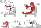 An edit of a webcomic by Crawfish Comic. In the comic, a man eats a red pepper and turns red from the heat. Then, another man yells "Alan" at him. This is a reference to "Smiling Friends."