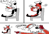 An edit of a webcomic by Crawfish Comic. In the comic, a man eats a red pepper and turns red from the heat. Then, another man yells "Peppino" at him. This is a reference to "Pizza Tower."

