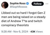A viral tweet using the "catchphrase":https://knowyourmeme.com/memes/cultures/catchphrases "libbed out" to portray disappointment over the "2024 U.S. Presidential Election":https://knowyourmeme.com/memes/events/2024-united-states-presidential-election--3 when Democratic nominee Vice President "Kamala Harris":https://knowyourmeme.com/memes/people/kamala-harris lost to Republican nominee former President "Donald Trump":https://knowyourmeme.com/memes/people/donald-trump. This tweet jokes about "Gen Z":https://knowyourmeme.com/memes/cultures/generation-z-gen-z-zoomers being raised on "Andrew Tate":https://knowyourmeme.com/memes/people/andrew-tate and "conspiracy theories":https://knowyourmeme.com/memes/cultures/conspiracy-theories.