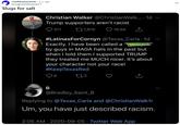 A Twitter exchange in which a user defends the claim that MAGA people are not racist while telling a story about a MAGA person being racist to them.