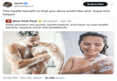 This "quote retweet":https://knowyourmeme.com/memes/quote-retweets-qrts "ratioes":https://knowyourmeme.com/memes/the-ratio-ratioed the New York Post's article about showering being "purely performative." It was posted on "Twitter / X":https://knowyourmeme.com/memes/sites/twitter-x in 2024.