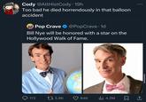 A tweet jokingly mentioning Bill Nye having died in a hot air balloon crash. The joke references a 2024 episode of the animated series _Smiling Friends_ in which fictional version of Bill Nye dies in such fashion.