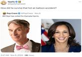 A tweet jokingly mentioning Bill Nye having died in a hot air balloon crash. The joke references a 2024 episode of the animated series _Smiling Friends_ in which fictional version of Bill Nye dies in such fashion.