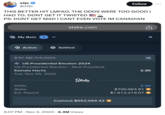 Tweet showing streamer "xQc":https://knowyourmeme.com/memes/people/xqc saying, "THIS BETTER HIT LMFAO, THE ODDS WERE TOO GOOD," adding, "DONT GET MAD I CANT EVEN VOTE IM CANADIAN." The streamer reportedly bet on the outcome of the "2024 Presidential Elections":https://knowyourmeme.com/memes/events/2024-united-states-presidential-election--3 and lost $700,000 on the gambling site "Stake":https://knowyourmeme.com/memes/stake-ads-on-twitter-x. Memes and jokes about xQc informally campaigning for the Democrats by clearing up disinformation about the Harris campaign after placing his bet began making the rounds in early November 2024.  
