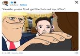 "Akakichi no Eleven Redraw":https://knowyourmeme.com/memes/akakichi-no-eleven-redraws featuring Donald Trump and Kamala Harris crying (seen below), captioning "Kamala, you’re fired, get out my office.”