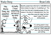 Meme edit of a comic featured in the 2007 book "Diary of a Wimpy Kid.":https://knowyourmeme.com/memes/subcultures/diary-of-a-wimpy-kid The comic shows a kid asking "Wacky Dawg" to say something funny, to which the dog replies, "Actually, I have something serious on my mind today." In the late 2010s and early 2020s, the comic came to be used as an "exploitable":https://knowyourmeme.com/memes/exploitables meme to joke about "gimmick accounts":https://knowyourmeme.com/memes/gimmick-accounts that post out of character.