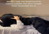 A screenshot of a TikTok video by @robin_rva  captioned "When I ask my boyfriend to come cuddle me but I forget how muscular he is." Underneath the caption is an image of someone laying on top of their partner, who is struggling to breathe.