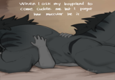 A meme captioned "When I ask my boyfriend to come cuddle me but I forget how muscular he is." Underneath the caption is an image of someone laying on top of their partner, who is struggling to breathe.