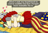 A meme captioned "When I ask my boyfriend to come cuddle me but I forget how muscular he is." Underneath the caption is an image of someone laying on top of their partner, who is struggling to breathe.
