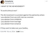 >WHAT IS THE 4B MOVEMENT? Enzophoria @enzophoria >WHAT IS THE 4B MOVEMENT? "A world without men" The 4b movement is a protest against the patriarchy where -you abstain from sex with men as a woman -you abstain from childbirth -you abstain from marriage -you abstain from romance If they want to take over your bodies, 6:34 PM • Nov 6, 2024 3.8M Views ...