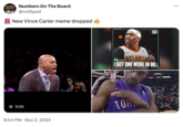 NUMBERS BOARD Numbers On The Board @notbpod * New Vince Carter meme dropped HIT ESPN'S THE JUMP B-R ATLANTA I GOT ONE MORE IN ME. VINCE CARTER ON RETURNING FOR HIS 22ND SEASON II 0:05 9:44 PM Nov 2, 2024 TOR ...