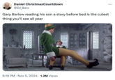 This is a "meme":https://knowyourmeme.com/memes/meme from "Twitter / X":https://knowyourmeme.com/memes/sites/twitter-x about Gary Barlow's "massive" son Daniel who went viral in November 2024. The tweet uses a screencap from the film _Elf_ in which Buddy the Elf, played by "Will Ferrell":https://knowyourmeme.com/memes/people/will-ferrell, is sitting on his dad's lap.