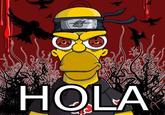 Drawing of Homer Simpsons with Sharingan eyes. Text reads "hola" at the bottom.