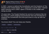 Raging LibTarg is Furious @Acronymesis@mastodon.world In 2001, I swore to defend the Constitution and the freedom of The People of the United States. 9/11 happened a month after I started basic training, and in 2003 I spent 5 months in the middle east doing my duty. 22 years later, The People thanked the service of veterans like me by voting in a draft dodging insurrectionist who has threatened to suspend the Constitution and who just loves to cozy up with our enemies. You know what? You can keep your thanks. #uspol #politics #veteransday Nov 11, 2024, 10:06 PM Last edited Nov 11, 10:26 PM 215 boosts 308 favorites