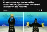 U.S. 43 monkeys escape South Carolina research facility; police warn residents to secure doors and windows By Stephen Smith Updated on: November 7, 2024 / 2:27 PM EST / CBS News f X ◉ Is it too late to go back inside yet? SA 331
