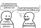 I'm being harmed by liberal democrat policies now I just fantasized about Republicans killing you visibly marginalized person 00 average democrat