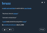 The original "Urban Dictionary":https://knowyourmeme.com/memes/sites/urban-dictionary definition of the "slang":https://knowyourmeme.com/memes/internet-slang term Bruzz, meaning "Bros," from 2008. Bruzz went viral on "TikTok":https://knowyourmeme.com/memes/sites/tiktok in 2024, following a slew of "Brainrot":https://knowyourmeme.com/memes/brain-rot-brainrot "Slang Overload":https://knowyourmeme.com/memes/slang-overload memes that used its sister term "Huzz":https://knowyourmeme.com/memes/huzz-slang.