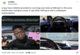 Tweet about "YouTube":https://knowyourmeme.com/memes/sites/youtube tech reviewer "Marques Brownlee":https://knowyourmeme.com/memes/people/marques-brownlee A.K.A. MKBHD after he received criticism for posting a video where he can be seen speeding through a suburban neighborhood. Internet users accused Brownlee of trying to cover up his mistakes and expressed their disappointment in his being embroiled in another controversy soon after his "iPhone Wallpaper App":https://knowyourmeme.com/memes/sites/marques-brownlees-iphone-wallpaper-app fiasco in October 2024.