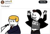 A tweet by @jaubreyyt sharing a "Fallenchungus":https://knowyourmeme.com/memes/people/fallenchungus comic of Musk jumping behind Trump. The tweet is captioned "first buddy."