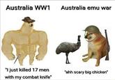 Australia WW1 Australia emu war "I just killed 17 men with my combat knife" "ahh scary big chicken"