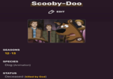 How did he die? SEASONS 12-13 SPECIES Dog (Animation) Scooby-Doo STATUS Deceased (killed by God) EDIT