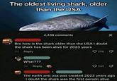 The oldest living shark, older than the USA 2,438 comments Bro how is the shark older than the USA I doubt the shark has been alive for 2023 years 3d Reply What??? 3d Reply 298 333 The earth and usa was created 2023 years ago I doubt the shark was the first person alive